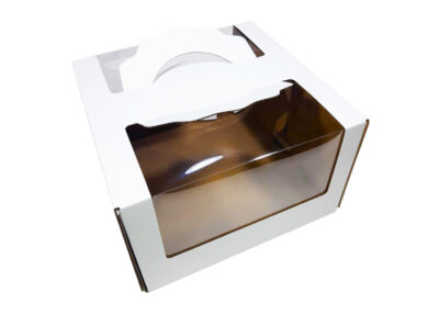 Коробка для торта белая с ручками для транспортировки и размерами 230х230х140мм самосборная