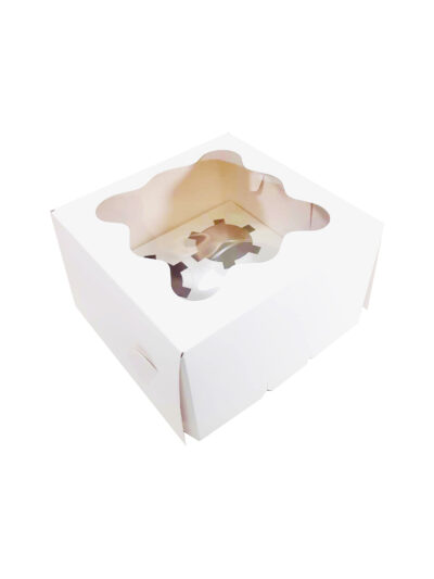 Белая коробочка для 4х капкейков, кексов, маффинов с размерами 160х160х100мм с прозрачным окошком