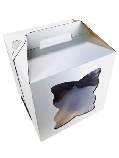 Короб для торта с двумя окнами 260х260х280. Самоскладывающаяся коробочка для торта с размерами 260х260х280мм и боковыми фигурными окош....