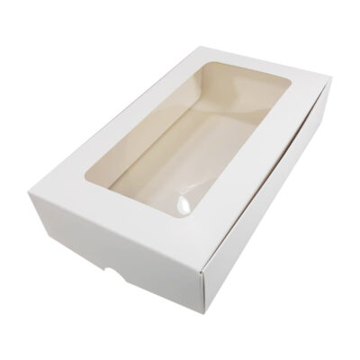 Короб белый с окном 280х165х55. Универсальная самоскладывающаяся коробка для зефира с размерами 280х165х55мм изготовлена из картона, пок...