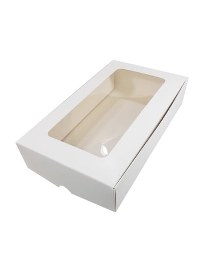 Короб белый с окном 280х165х55. Универсальная самоскладывающаяся коробка для зефира с размерами 280х165х55мм изготовлена из картона, пок...
